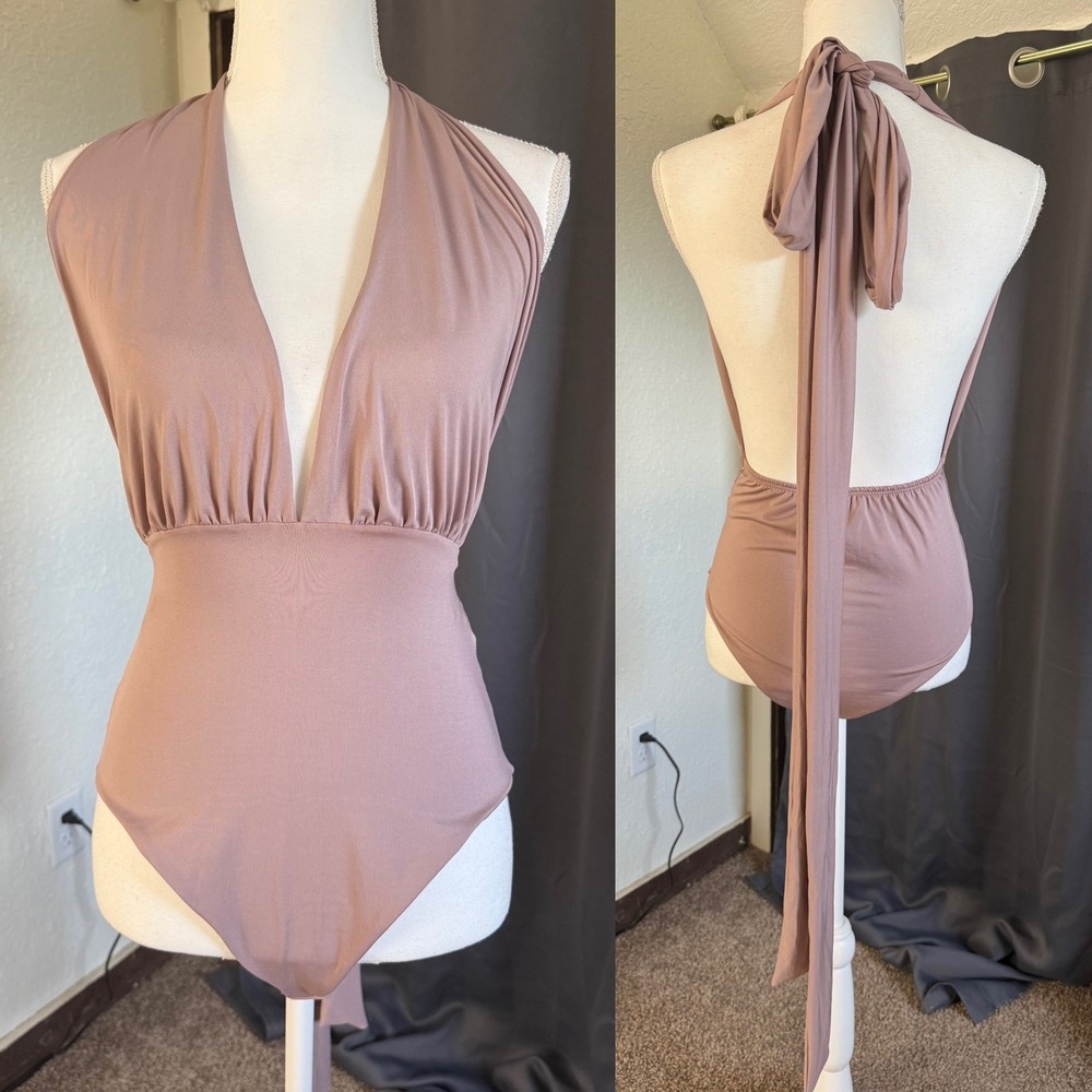 Mauve Bodysuit Large Mauve Pink Halter Deep V Neck Open Back Sexy Night Out